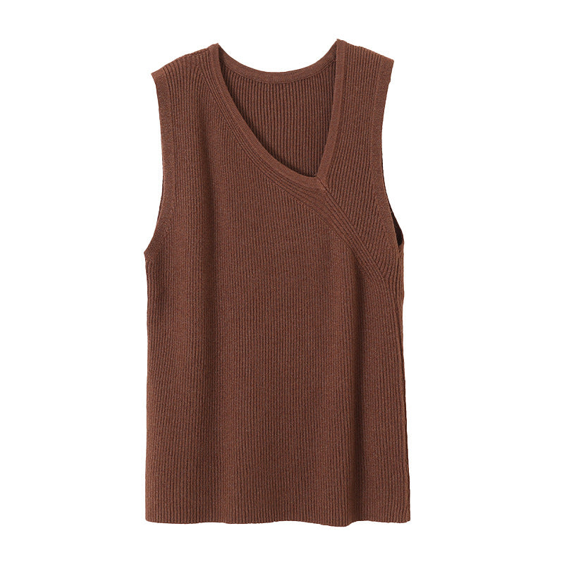 Diagonal Collar Slim Fit Bottoming Sleeveless Knitted Vest For Women