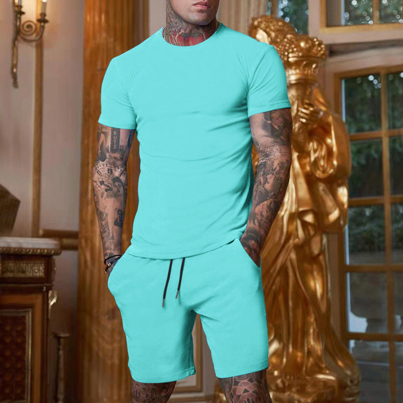 Men's Fashion Solid Color Short Sleeve Shorts Set