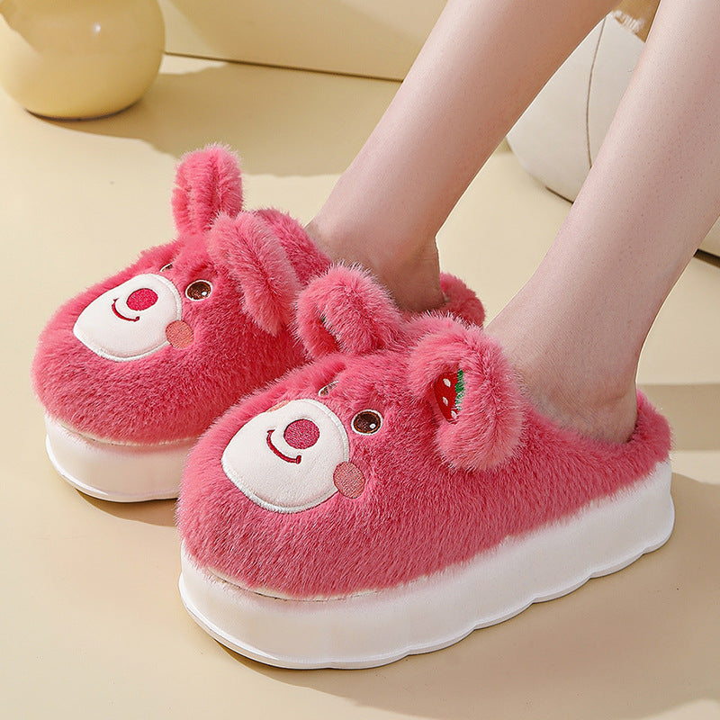 High Heel Cotton Slippers Women's Thick Bottom Cartoon Cute Bear Girl Heart Home Fluffy Slippers Winter Warm