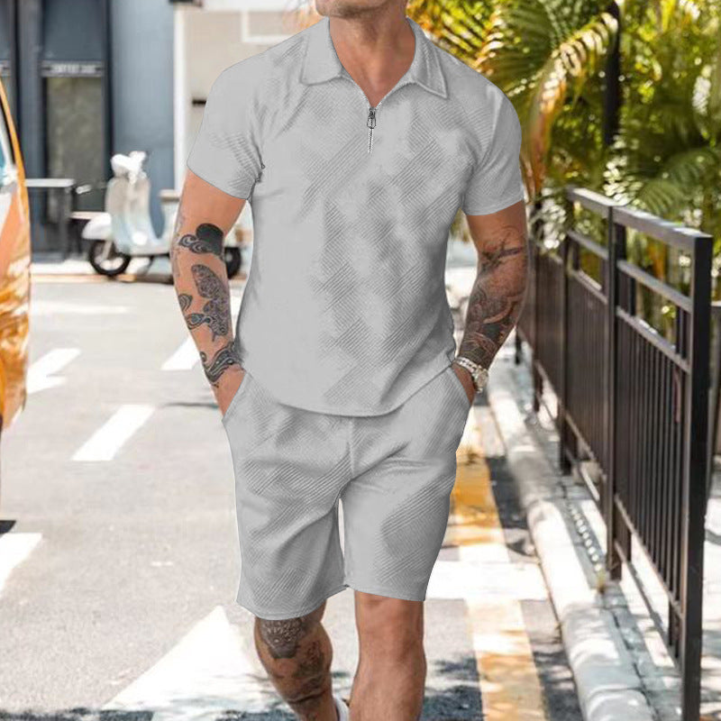 Zipper Polo Short Sleeve Shorts Set