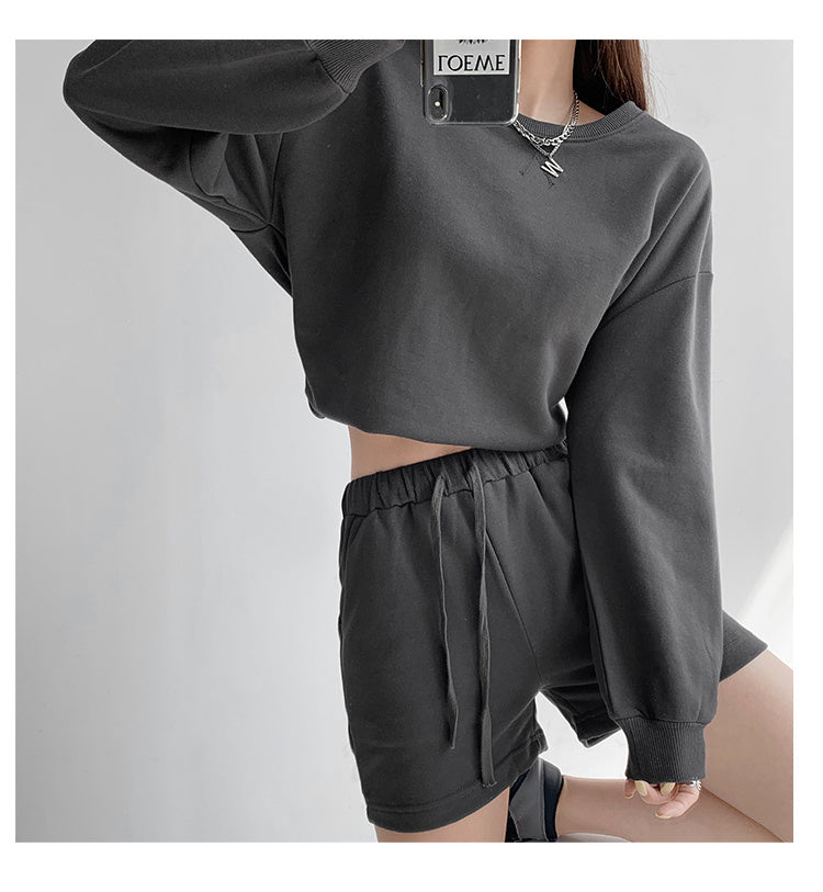 Women's Spring And Autumn Round Neck Long Sleeve Casual Sports Shorts Two-piece Suit