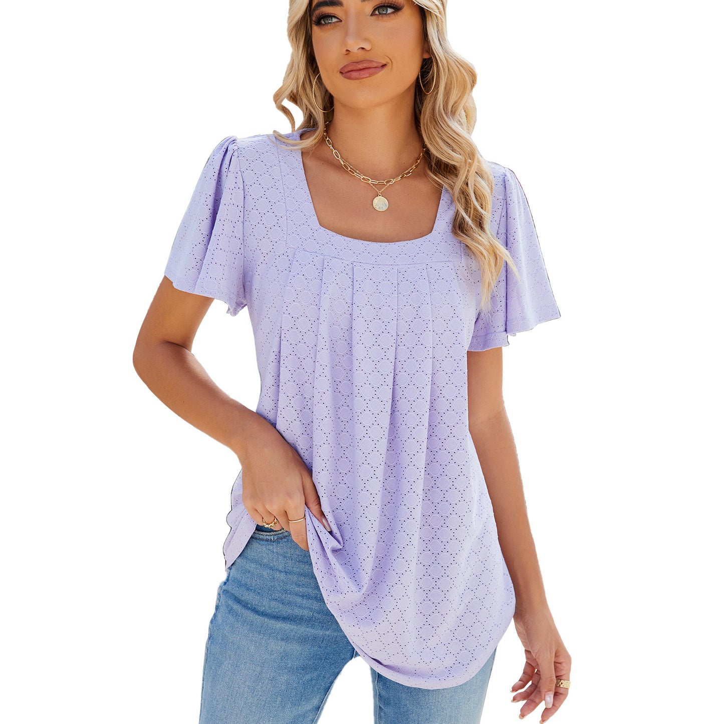 Summer Square Neck Pleated Short-sleeved T-shirt Loose Solid Color Ruffled Hollow Design Top For Womens Clothing