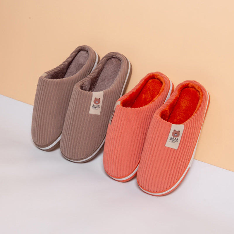 Solid Color Striped Slippers For Women Thick-soled Anti-slip Indoor Warm Plush Home Shoes Couple Women Men Slipper Winter