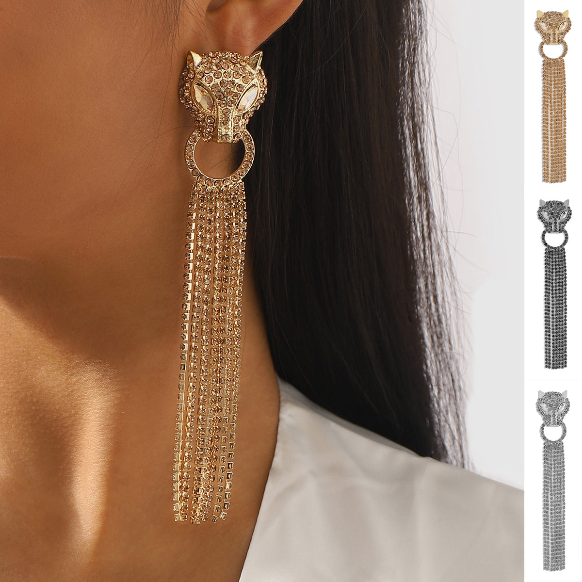 Personalized Leopard Head Earrings With Tassel Rhinestones Trendy Fashion Luxury Long Earrings For Women