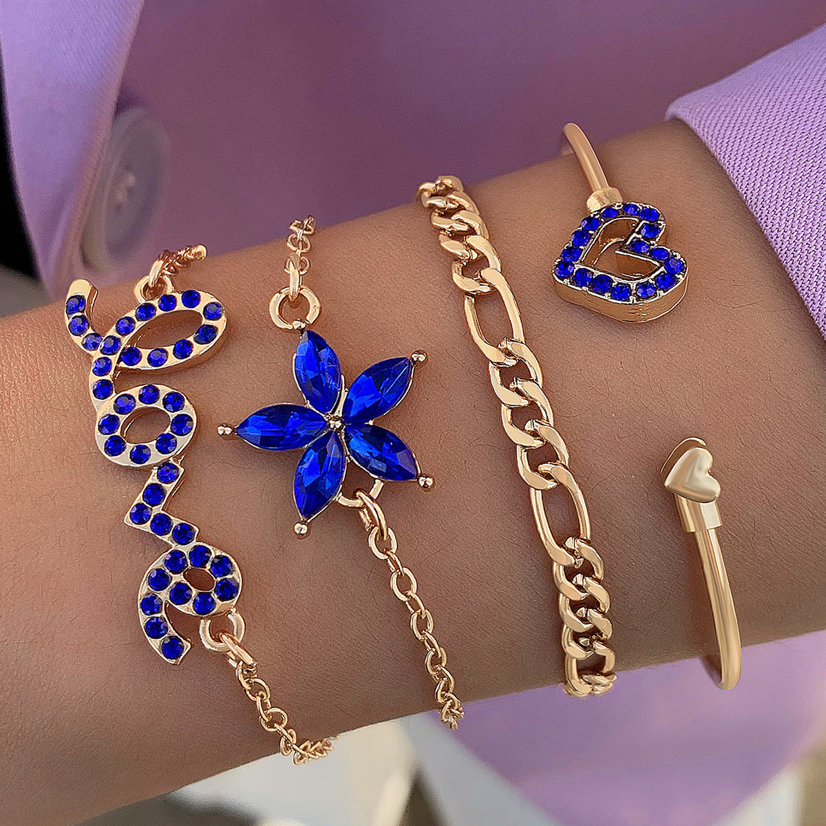 4 piezas de pulsera de mariposa de amor de flor azul con diseño de diamantes de imitación para el día de San Valentín