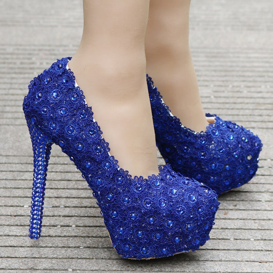 Lace Wedding Shoes Rhinestone Blue Lace Shoes