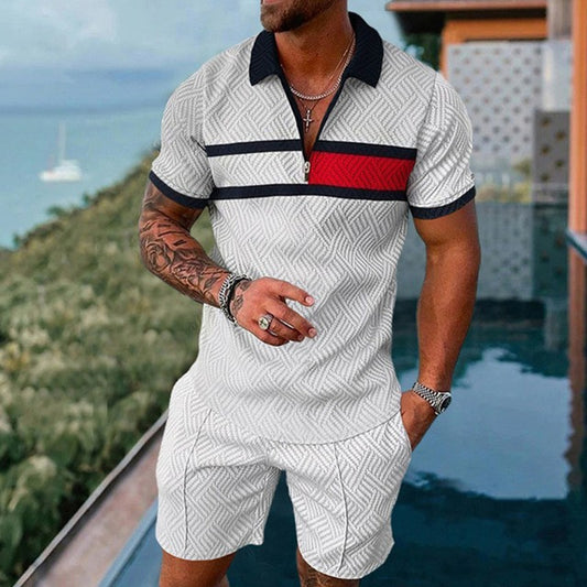 New Men's Fashion Casual Polo Shirt Shorts Two-piece Set