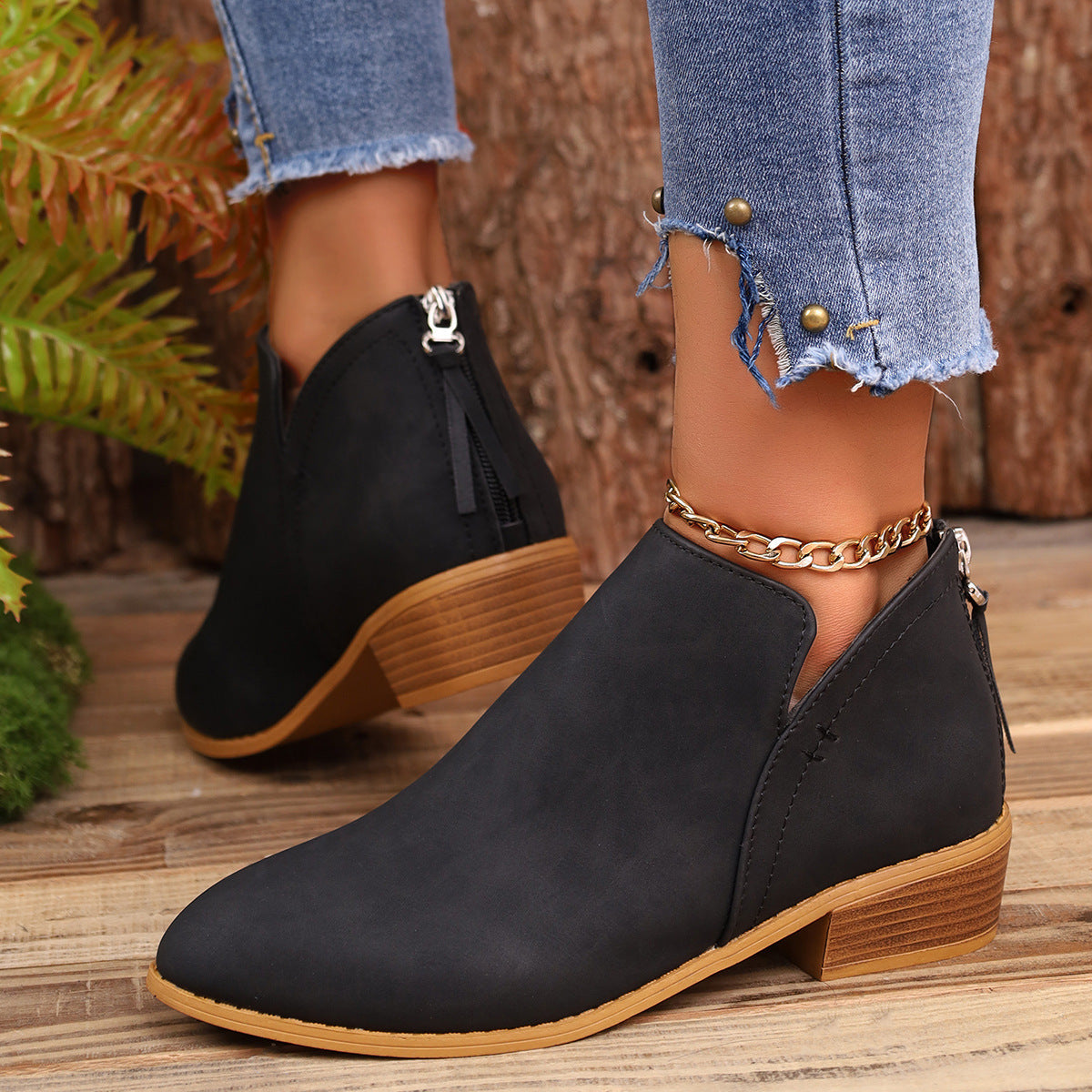 Chunky Heel Pointed Toe Ankle Boots With V-cut Design Fashion Fall Winter Short Boots For Women Shoes