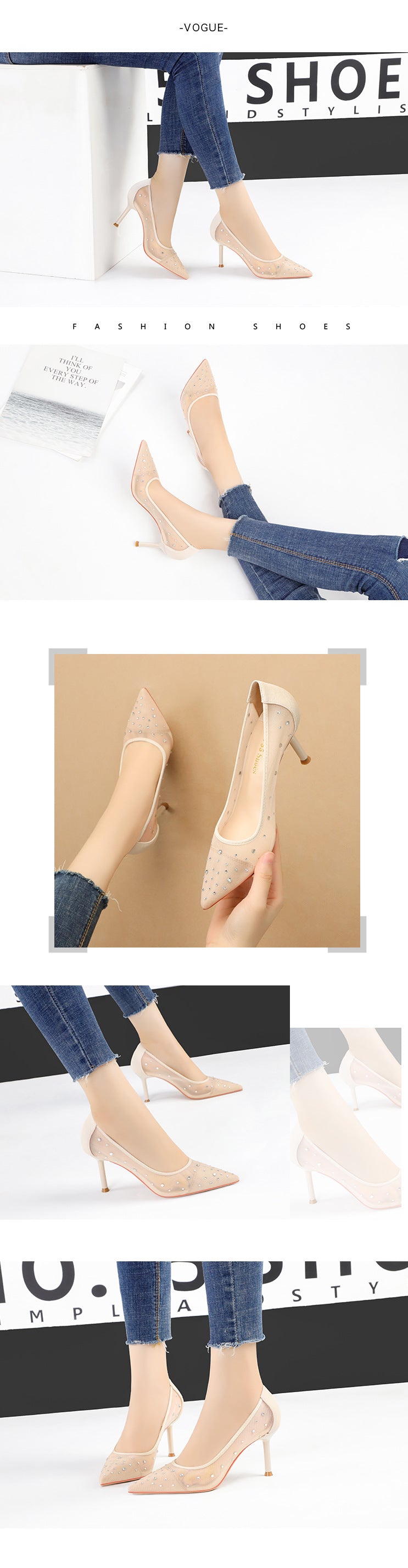 Korean Fashion Pointed Toe Rhinestone High Heels Mesh Stiletto Heel