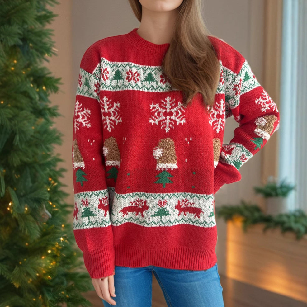 Christmas Stitching Jacquard Casual Knitted Round Neck Sweater