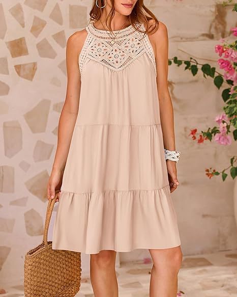 Summer Halterneck A-line Dress With Flower Hollow Lace Design Casual Loose Vacation Beach Dresses For Womens Clothing