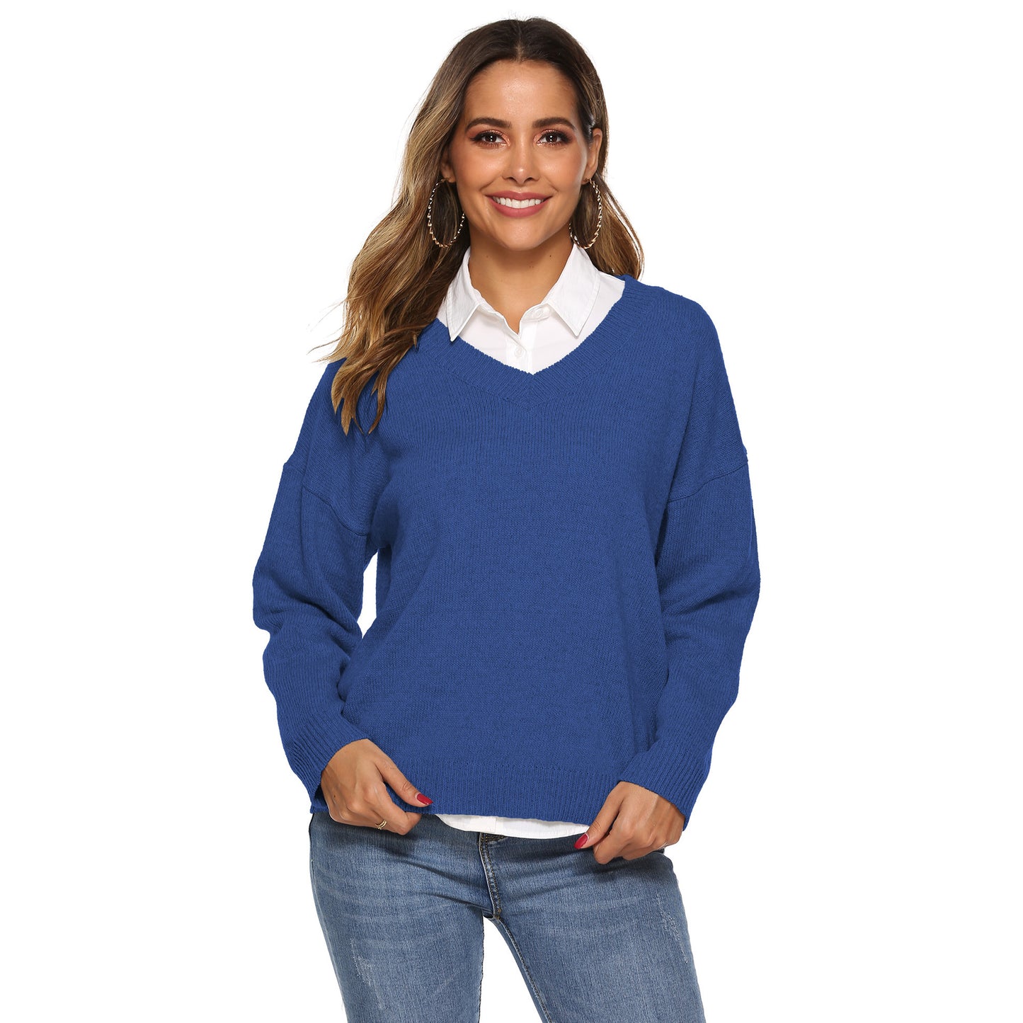 Pure color simple woven V-neck pullover sweater