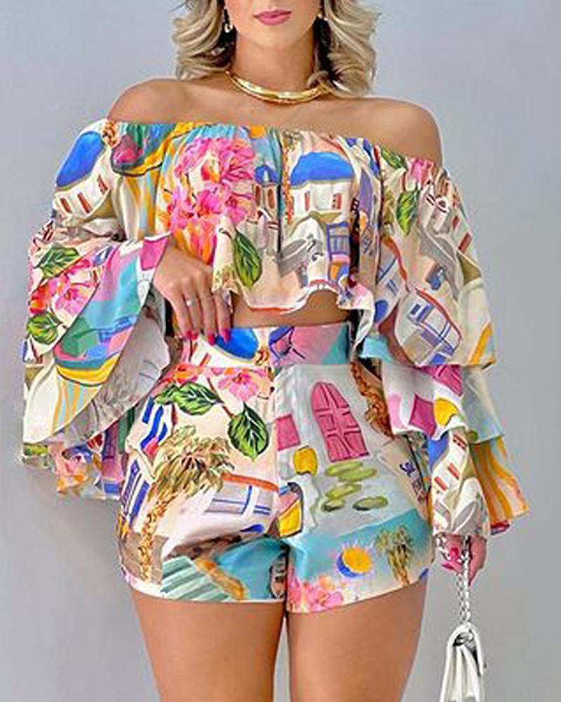 Women's Fashion Print Tops Shorts Set