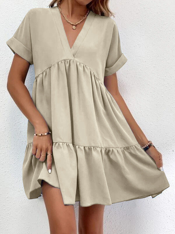 New Short-sleeved V-neck Dress Summer Casual Sweet Ruffled Dresses Solid Color Holiday Beach Dress For Womens Clothing