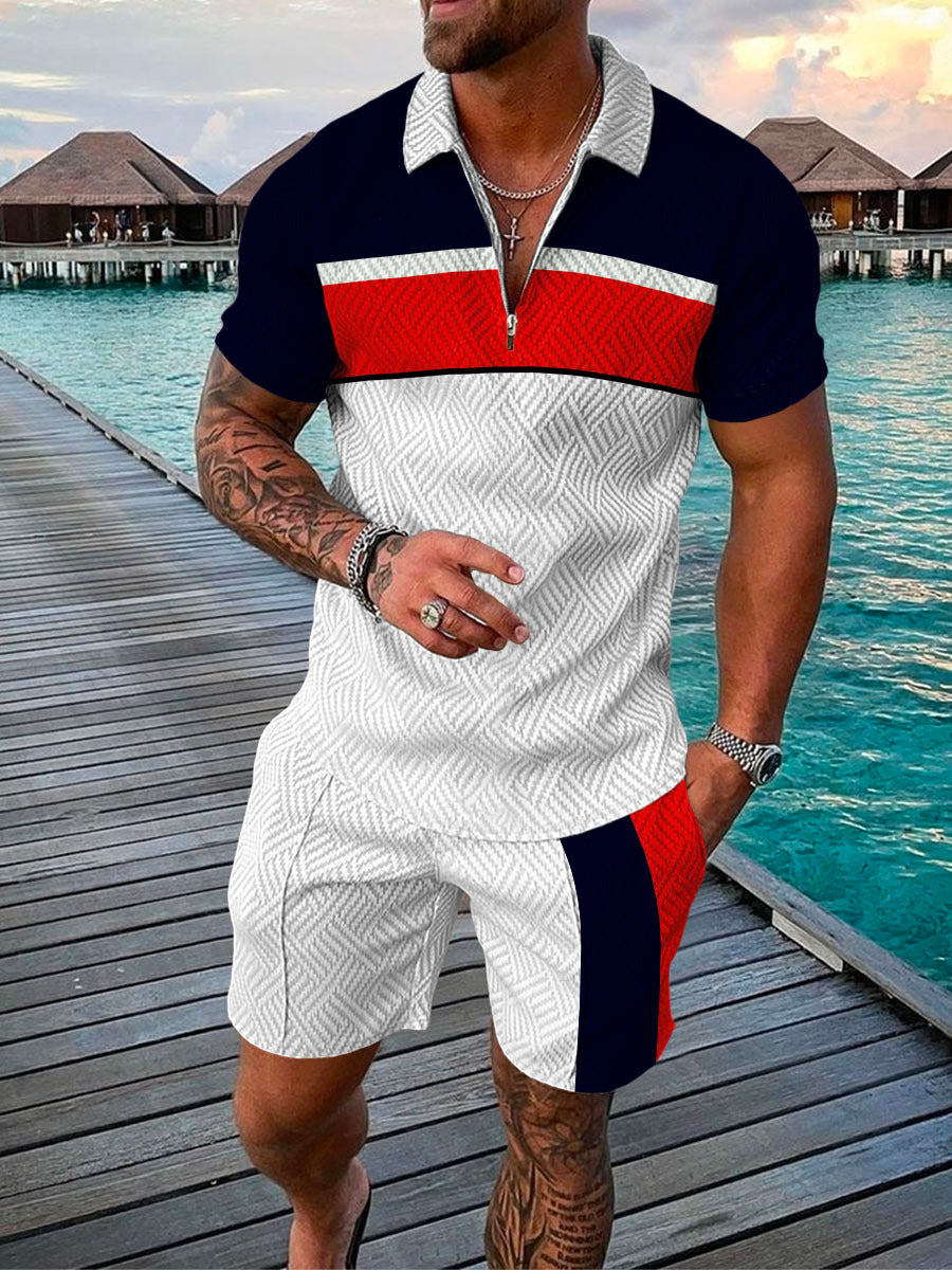 Men's Summer Fashion 3D Printed Short Sleeve Geometric Zip Lapel Shirt Set