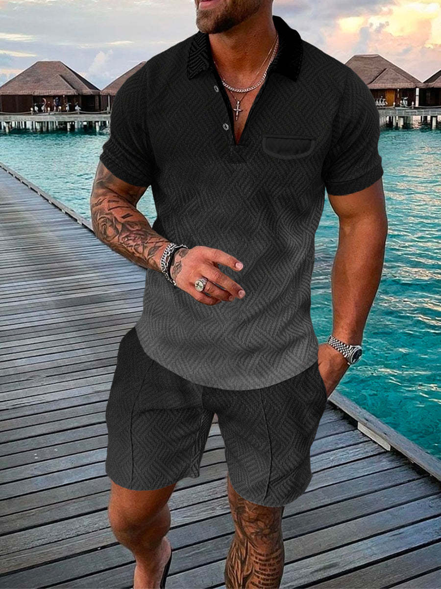 Men's Summer Fashion 3D Printed Short Sleeve Geometric Zip Lapel Shirt Set