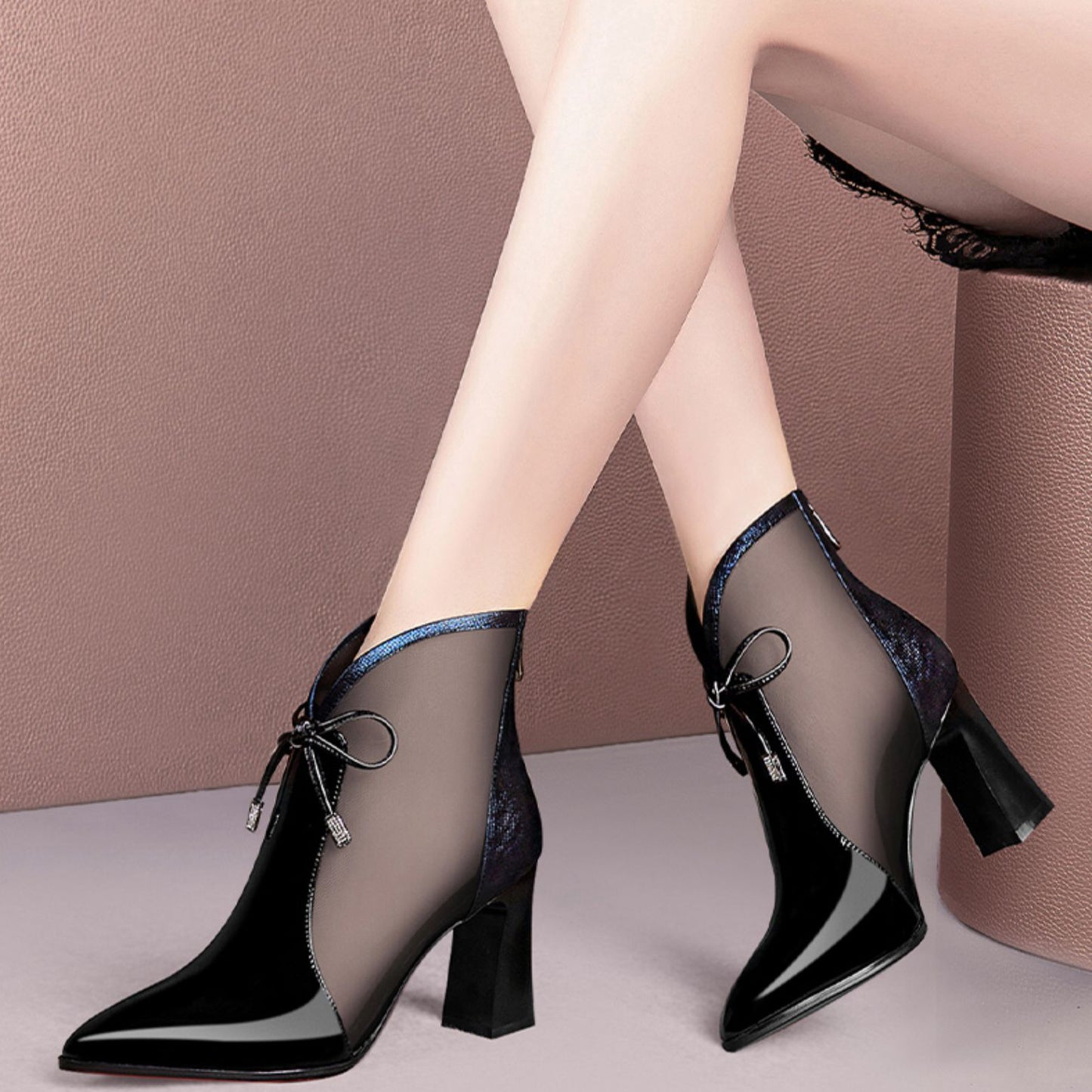 Patent Leather Mesh Boots Female Hollow Mesh