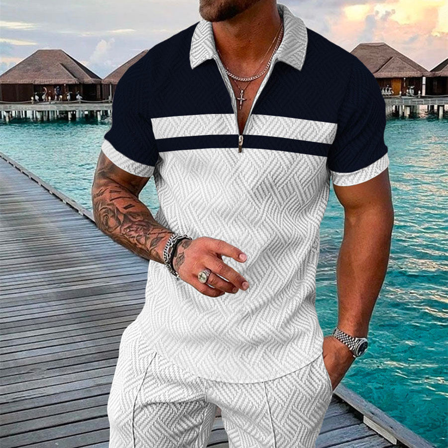 Men's Summer Fashion 3D Printed Short Sleeve Geometric Zip Lapel Shirt Set