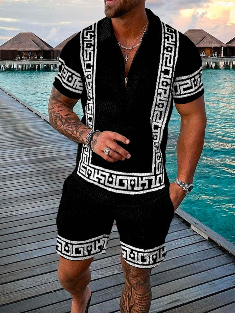 Men's Summer Fashion 3D Printed Short Sleeve Geometric Zip Lapel Shirt Set