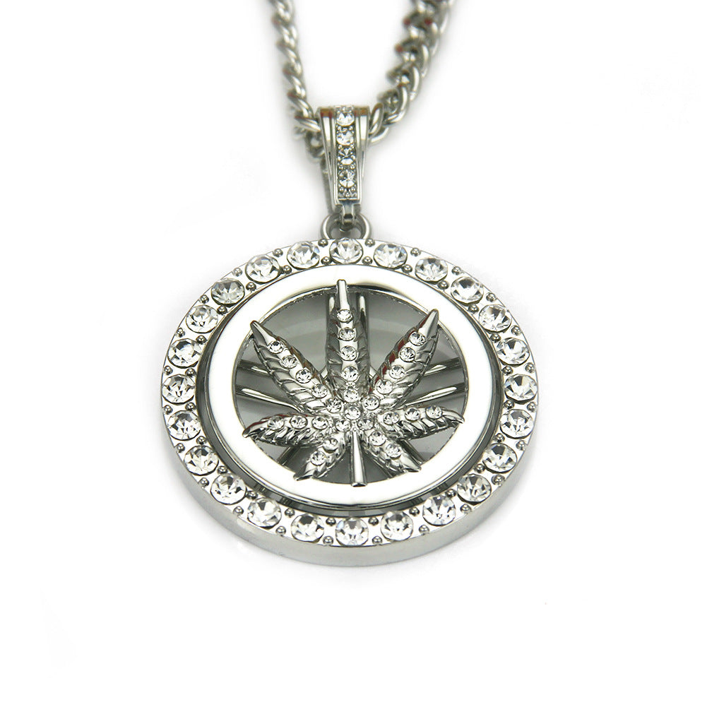 European Hip Hop Diamond Maple Leaf Turntable Necklace For Men