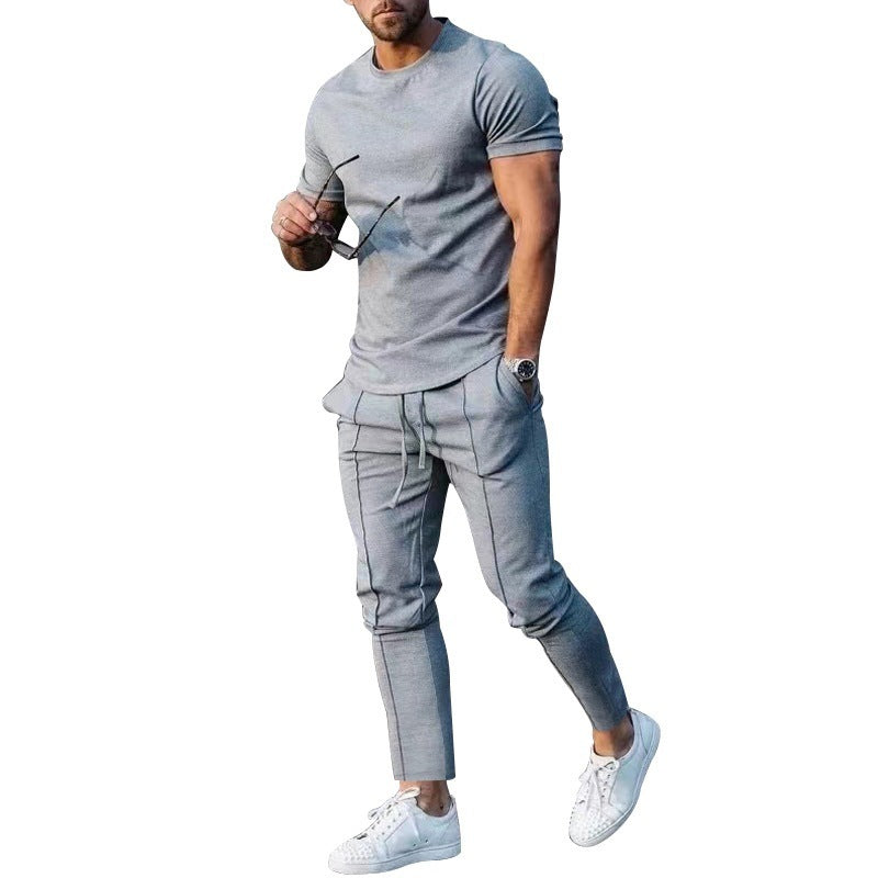 Solid Color Casual Round Neck Short Sleeves T-shirt Trousers Two-piece Set