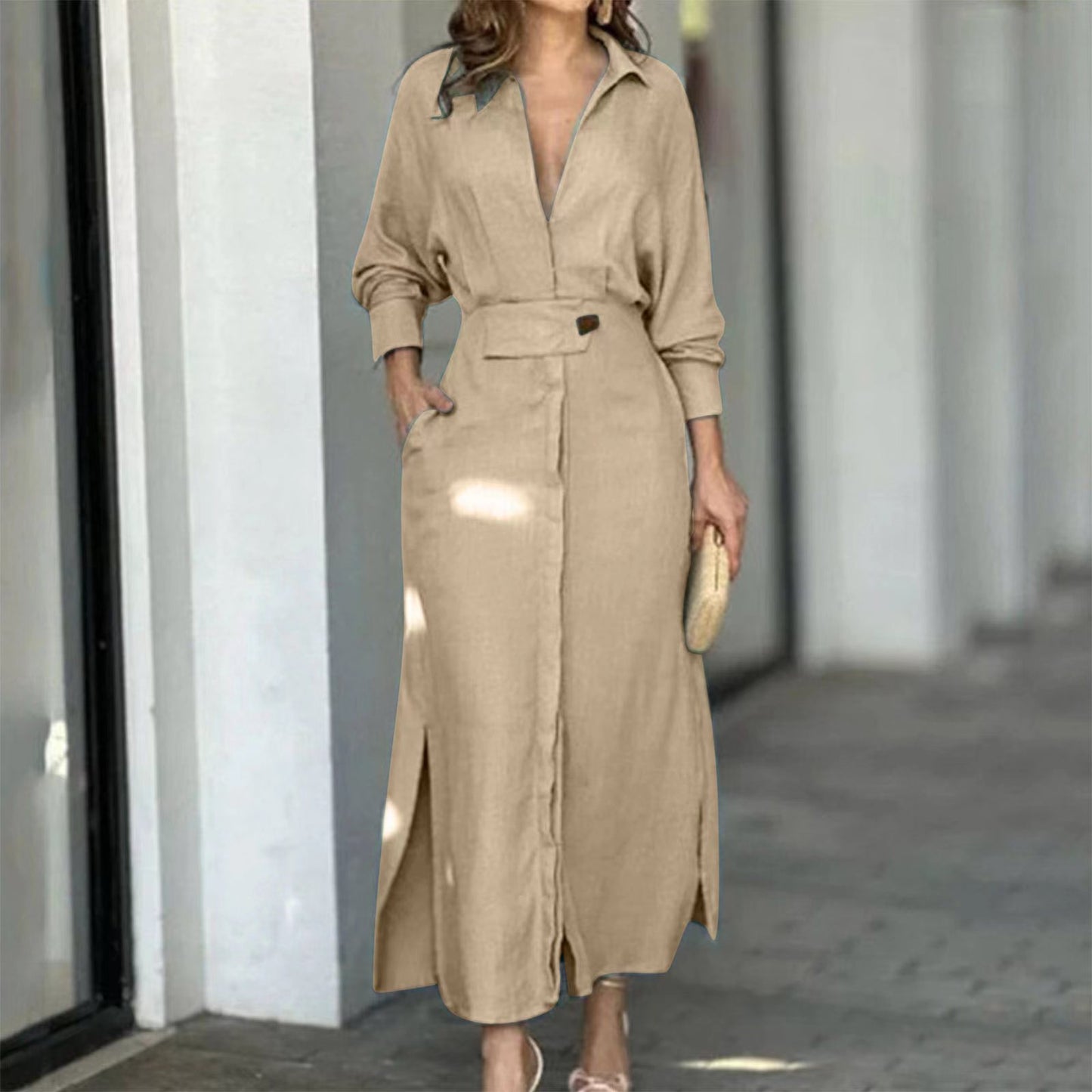 V-neck Long Sleeve Lapel Dress For Women Fashion Slim Long Dress