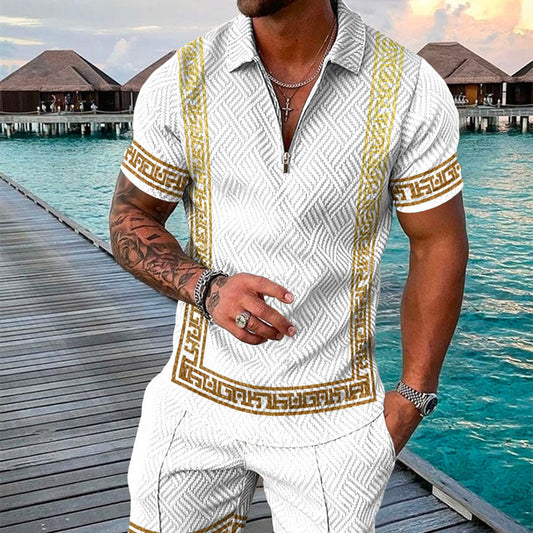 Men's Summer Fashion 3D Printed Short Sleeve Geometric Zip Lapel Shirt Set