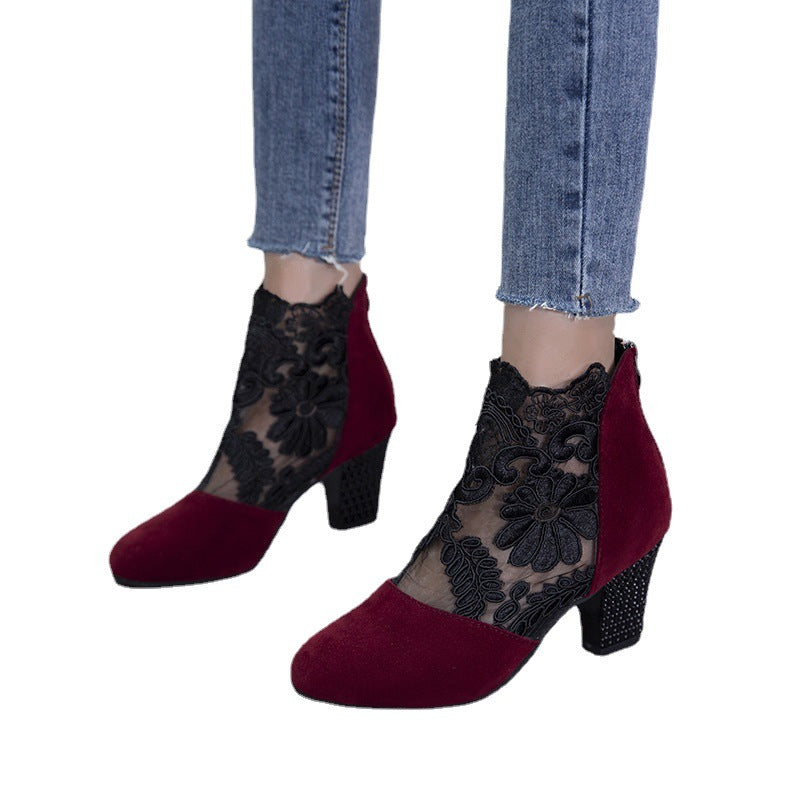 Fashion Lace Round Toe Women's Thick Heel Shoes