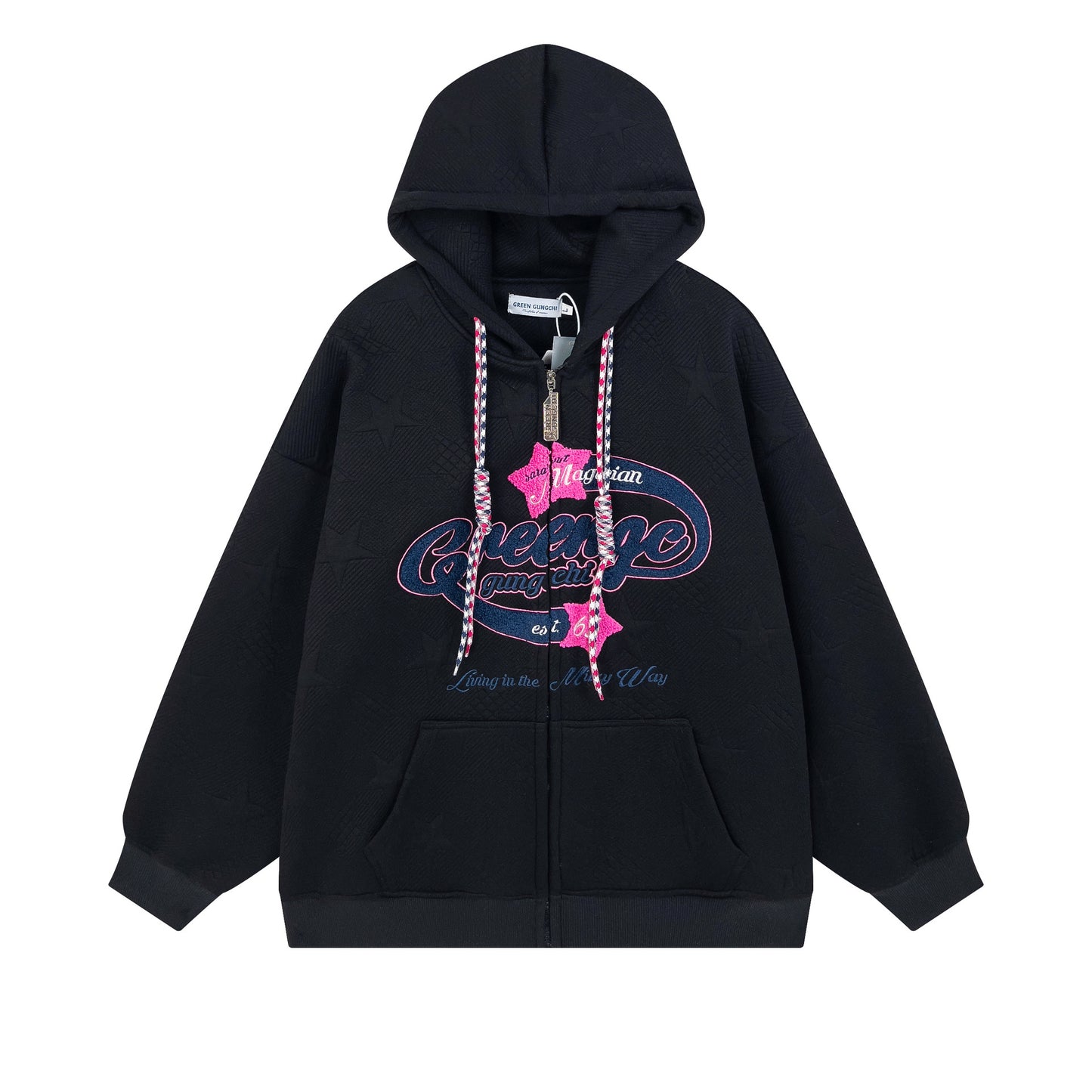 Retro Alphabet Towel Embroidery Zip Hoodie