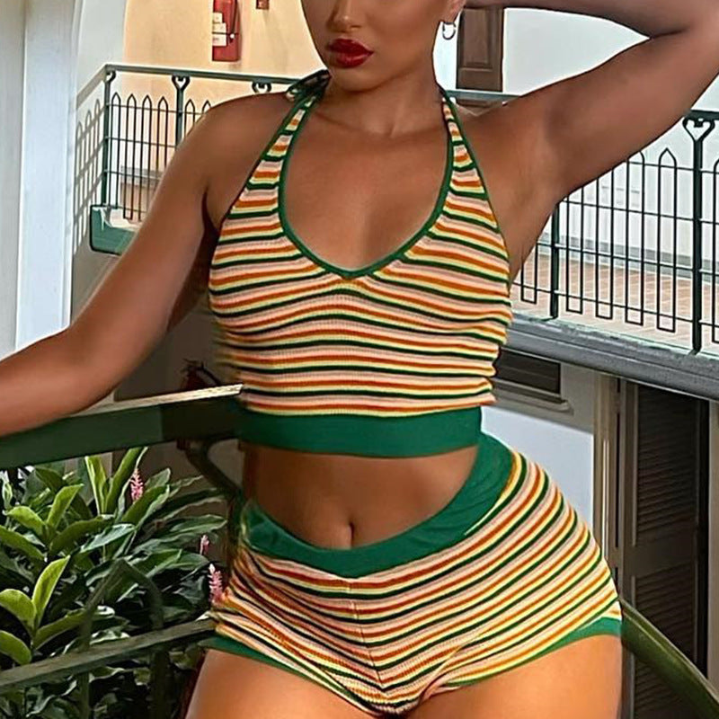 Striped Halter Strap Backless Vest Contrast Shorts Two-piece Set