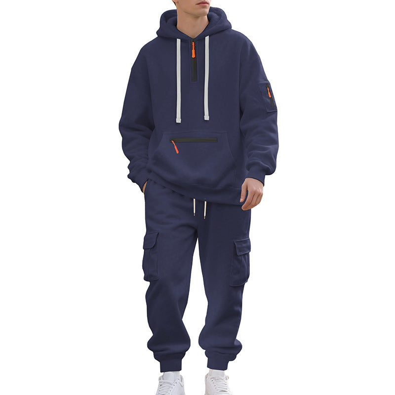 Men's Loose Sports And Leisure Suit Sweater Fleece-lined Hoodie Set Zipper Multi-Pocket Pullover Men's Sports Casual Top Two-piece Set