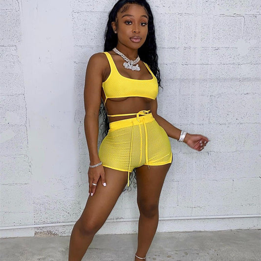 Women's Honeycomb Mesh Vest Shorts Two-piece Set