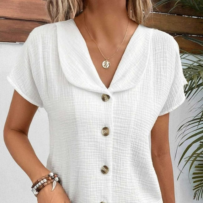 Summer Solid Color Fashion Short-sleeved Cardigan Button Women's Top