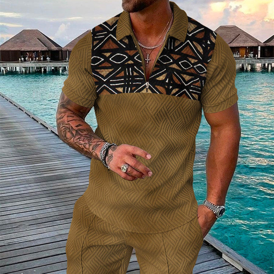 Men's Summer Fashion 3D Printed Short Sleeve Geometric Zip Lapel Shirt Set