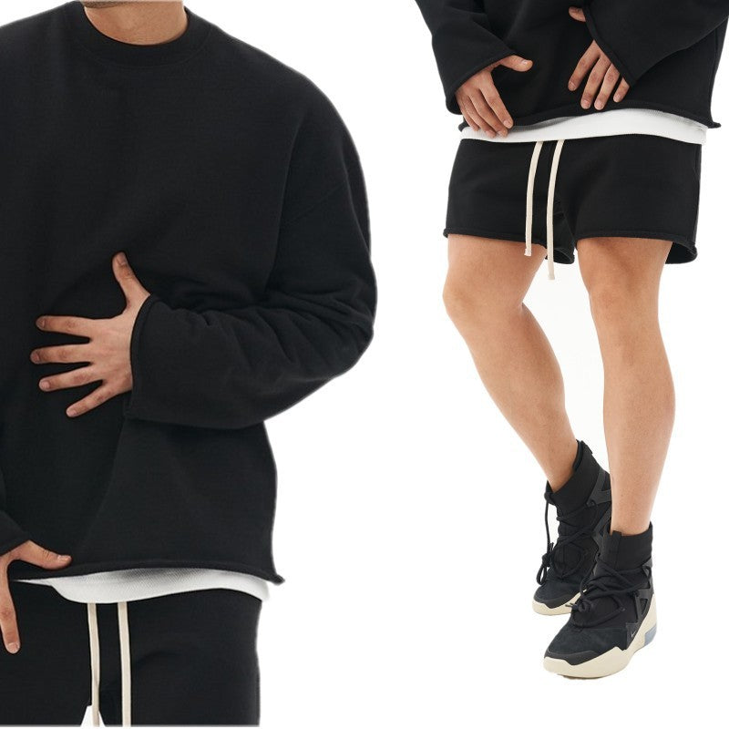 Sports Training Set Sweater Men's Shorts Suit Running Loose Long Sleeve Frayed Top