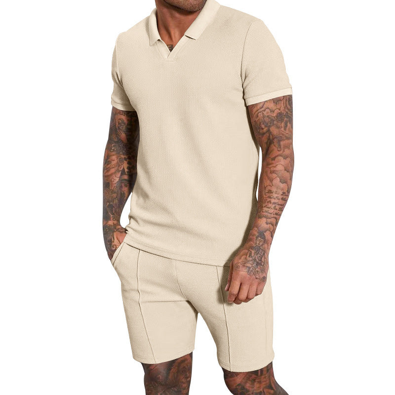 Men's Fashion Waffle V-neck Short-sleeved Shorts Two-piece Set