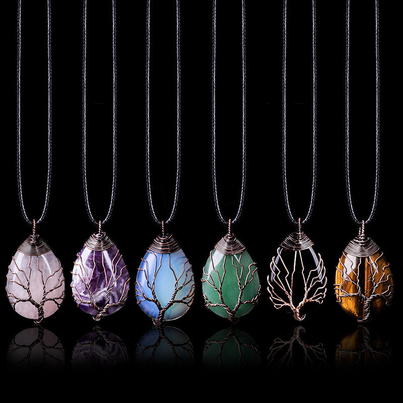 Natural Stone Crystal Drop-shaped Winding Tree Of Life Pendant Necklace Jewelry