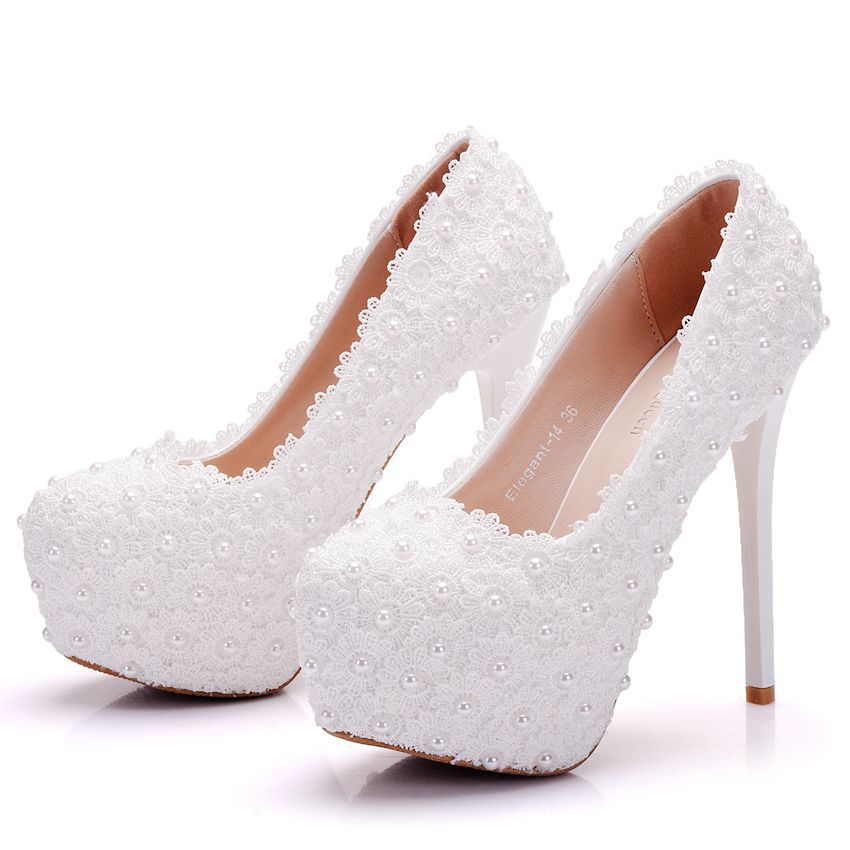 Large Size Waterproof Platform High Heel Round Toe Pearl Shoes