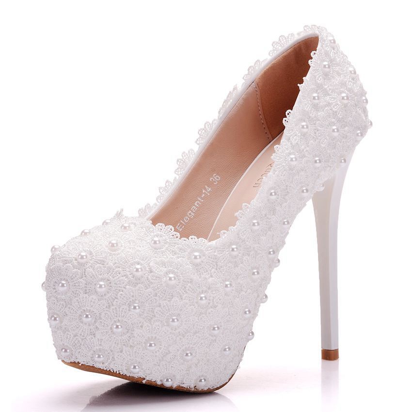 Large Size Waterproof Platform High Heel Round Toe Pearl Shoes