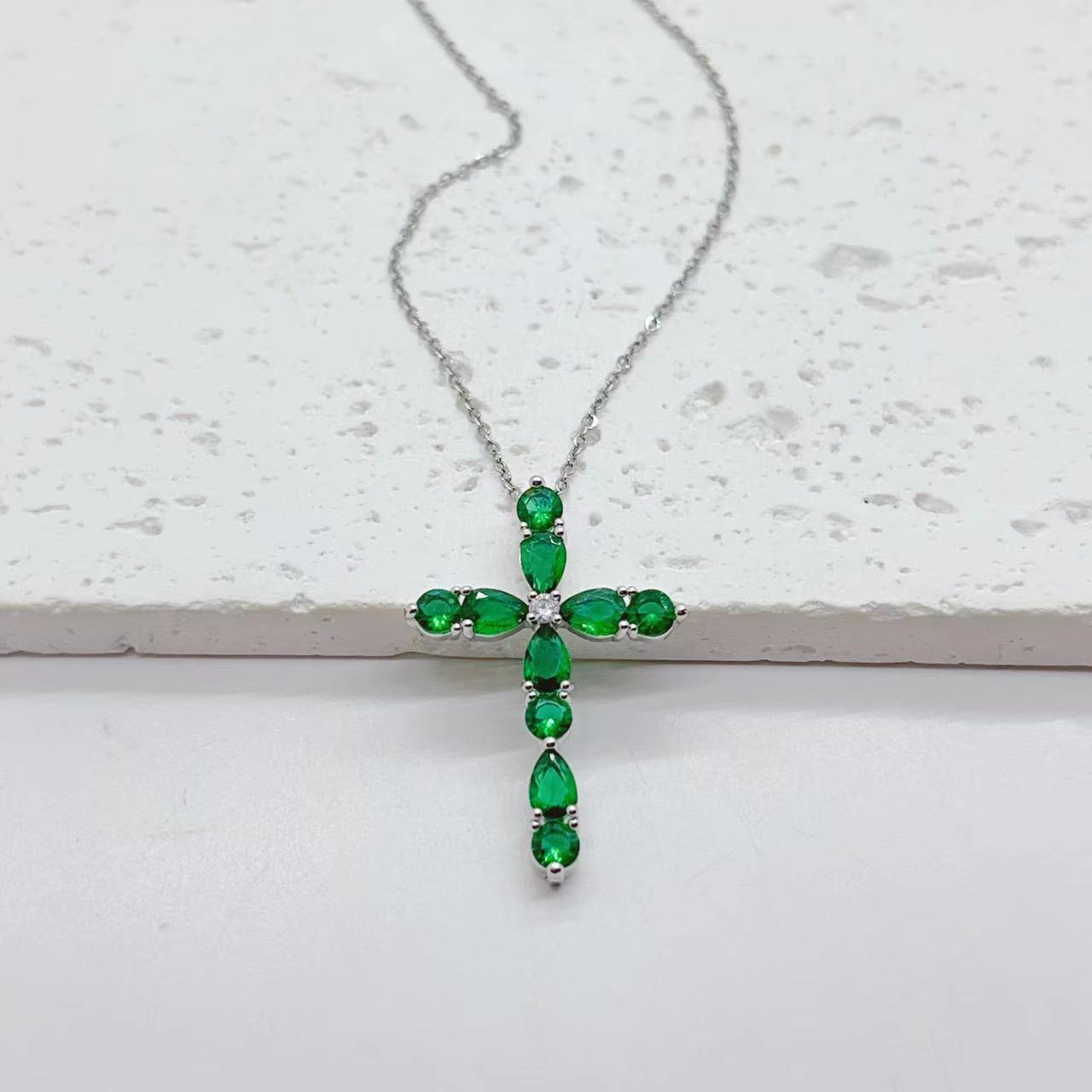 Fashion Jewelry Micro Inlay Colorful Zircon Water Drops Cross Necklace