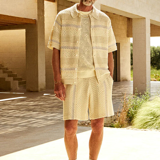 Knitted Cardigan Shorts Color Matching Two-piece Suit Men