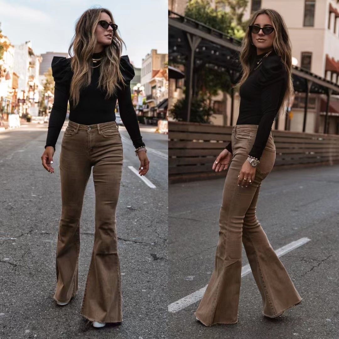 Solid Color Mid-waist Slim-fit Micro Flared Pants Corduroy Product information: Color: Orange, khaki, Brown, wine red, black, blue, gray, dark khaki, Green Elasticity: Micro elasticity Pants length: trousers Waist Type: Mid waist Size: S,M,L,XL,XXL,XXXL S