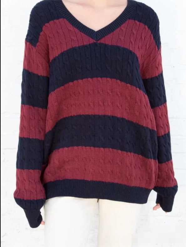 European And American Striped Cable-knit Sweater V-neck Loose Sweater For Women