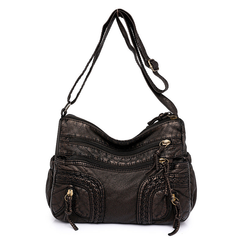 Women's Retro Fashionable Washed Leather Woven Shoulder Messenger Bag