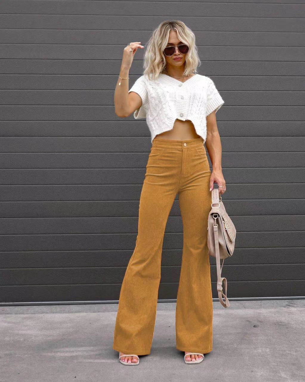 Solid Color Mid-waist Slim-fit Micro Flared Pants Corduroy Product information: Color: Orange, khaki, Brown, wine red, black, blue, gray, dark khaki, Green Elasticity: Micro elasticity Pants length: trousers Waist Type: Mid waist Size: S,M,L,XL,XXL,XXXL S