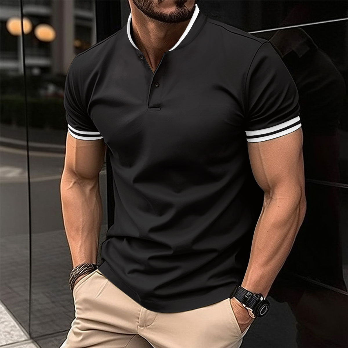 Camiseta deportiva de manga corta con bolsillo y botones para hombre