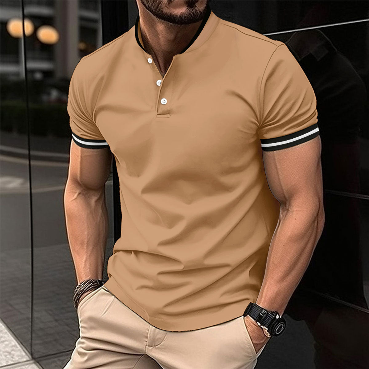 Camiseta deportiva de manga corta con bolsillo y botones para hombre