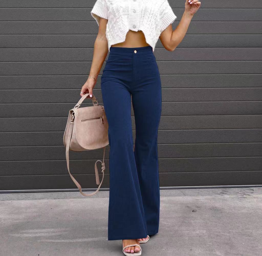 Solid Color Mid-waist Slim-fit Micro Flared Pants Corduroy Product information: Color: Orange, khaki, Brown, wine red, black, blue, gray, dark khaki, Green Elasticity: Micro elasticity Pants length: trousers Waist Type: Mid waist Size: S,M,L,XL,XXL,XXXL S