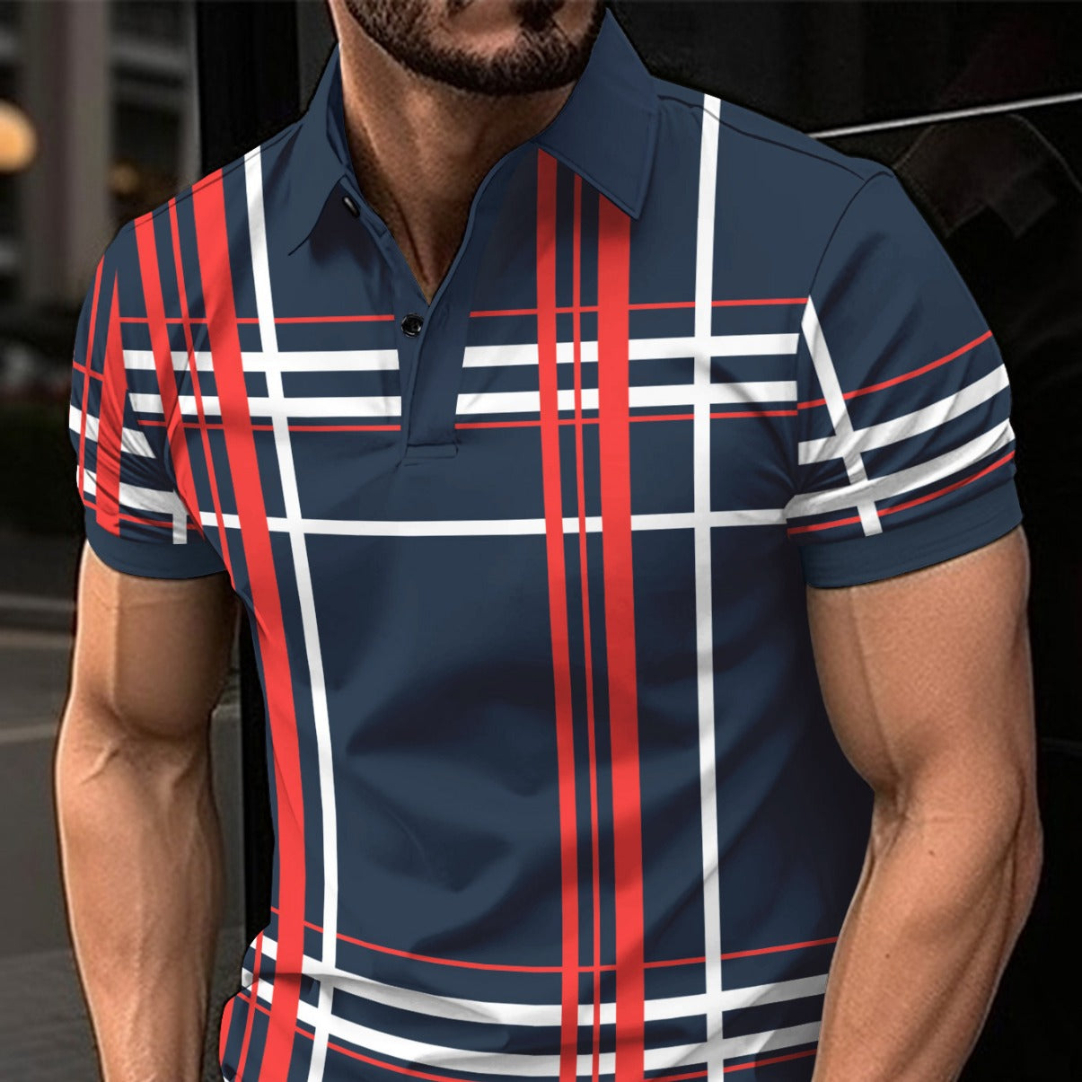 Men's Printed Lapel Button Sport Short Sleeved Shirt