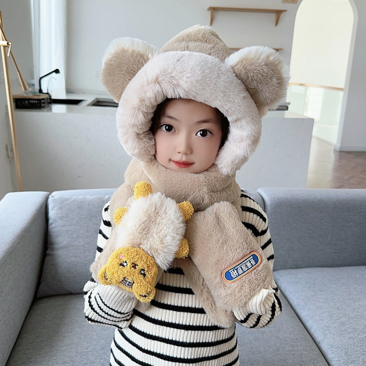 Children's Hat Scarf Gloves One-piece Hat